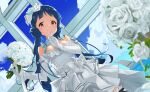  1girl bare_shoulders blue_hair blue_ribbon blurry blush bouquet breasts brown_eyes cloud cloudy_sky dot_nose dress elbow_gloves finger_to_mouth flower frills gloves hair_flower hair_ornament highres holding holding_bouquet idolmaster idolmaster_million_live! idolmaster_million_live!_theater_days island kitakami_reika kojy long_hair looking_at_viewer looking_down low_twintails medium_breasts ocean ribbon rose sash sky smile solo standing thigh_strap twintails very_long_hair wedding_dress white_flower white_gloves white_ribbon white_rose wince window 
