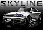  chris_ilst highres license_plate nissan nissan_skyline nissan_skyline_r34 no_humans original reflection spot_color stance_(vehicle) vehicle_focus vehicle_name white_car zoom_layer 