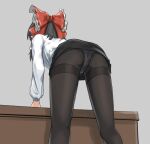  1girl ass ass_focus black_hair black_pantyhose black_skirt bow commentary cookie_(touhou) feet_out_of_frame frilled_bow frilled_hair_tubes frills from_behind grey_background hair_bow hair_tubes hakurei_reimu leaning_forward long_sleeves medium_hair office_lady pantyhose red_bow sananana_(cookie) shirt sidelocks simple_background skirt solo table touhou traveler_hxy upskirt white_shirt 