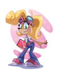  activision anthro blonde_hair clothing coco_bandicoot crash_bandicoot_(series) eyewear eyewear_on_head female footwear goggles goggles_on_head green_eyes hair hi_res holding_object long_hair mammal marsupial overalls shoes signature simple_background smile solo sorprendante 