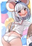  1girl animal_ears ass balloon blurry blurry_background blush erune granblue_fantasy hair_ornament hairclip hekomii highres looking_at_viewer mouse_ears open_mouth panties red_eyes solo underwear vikala_(granblue_fantasy) white_panties 