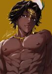  1boy absurdres black_hair dark-skinned_male dark_skin earrings fire_emblem fire_emblem_engage fogado_(fire_emblem) gold_circlet gold_earrings highres jewelry looking_at_viewer male_focus pectorals prince solo topless_male upper_body very_dark_skin wa_gamc 