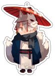  1boy animal_ear_fluff black_scarf black_socks charm_(object) extra_ears fox_boy fox_mask fox_tail grey_eyes grey_hair hatake_kakashi highres japanese_clothes kemonomimi_mode kitsune male_focus mask mask_on_head mirin_(coene65) multiple_tails naruto naruto_(series) oil-paper_umbrella red_umbrella sandals scar scar_across_eye scarf smile socks solo tail umbrella 