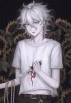  1boy belt brown_belt brown_pants collarbone d: danganronpa_(series) danganronpa_2:_goodbye_despair erogakikasu_(zange_chan) grey_hair hair_between_eyes highres holding holding_knife knife komaeda_nagito looking_at_viewer lower_teeth_only messy_hair no_jacket pale_skin pants print_shirt rope shirt solo teeth white_shirt 