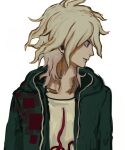  1boy closed_mouth danganronpa_(series) danganronpa_2:_goodbye_despair green_jacket grey_eyes highres hood hood_down hooded_jacket jacket kibo_onken-ha komaeda_nagito male_focus medium_hair messy_hair open_clothes open_jacket print_shirt profile shirt simple_background smile upper_body white_background white_shirt 