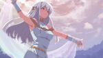  1girl ahonoko armpits belt blue_dress breasts closed_mouth cloud cloudy_sky commentary cowboy_shot day dress fire_emblem fire_emblem:_the_blazing_blade from_below from_side grey_hair grey_sky highres holding_sash jewelry long_hair medium_breasts neck_ring ninian_(fire_emblem) outdoors outstretched_arms red_eyes sash sky sleeveless sleeveless_dress smile solo standing straight_hair vambraces veil white_sash white_veil yellow_belt 