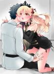  1boy 1girl azumi_(myameco) black_hair blonde_hair command_spell commentary_request ereshkigal_(fate) fate/grand_order fate_(series) fujimaru_ritsuka_(male) hair_ribbon heart hetero kneeling long_sleeves open_mouth red_eyes red_ribbon ribbon shirt short_hair tiara white_shirt 