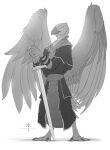  anthro avian barefoot beak bird claws clothed clothing feathers feet hi_res kredri male melee_weapon simple_background solo sword toe_claws weapon wings 