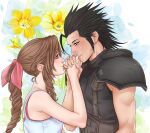  1boy 1girl aerith_gainsborough armor black_hair blue_eyes braid braided_ponytail brown_hair closed_mouth commentary couple crisis_core_final_fantasy_vii crylin6 dress earrings eye_contact final_fantasy final_fantasy_vii floral_background flower from_side green_eyes hair_ribbon height_difference highres holding_hands jewelry long_hair looking_at_another pink_ribbon ribbon scar scar_on_cheek scar_on_face shoulder_armor sidelocks sleeveless sleeveless_dress sleeveless_turtleneck smile spiked_hair stud_earrings sunflower sweater symbol-only_commentary turtleneck turtleneck_sweater upper_body white_dress zack_fair 