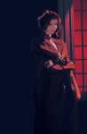  1girl crossed_arms curtains daly_simone dark dress earrings hair_bun jewelry lips lipstick long_hair looking_ahead lord_of_the_mysteries makeup night red_light robe shaded_face single_earring solo tianlihutong window 