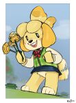  afterimage animal_crossing anthro biped blush bottomwear bow_accessory canid canine canis cardigan clothing digital_media_(artwork) domestic_dog featureless_crotch flower hi_res holding_flower holding_object isabelle_(animal_crossing) lego mammal minifigure nintendo noctoc open_mouth open_smile outside pencil_skirt plant shih_tzu skirt smile solo tail tail_motion tailwag toony_eyes toy_dog 
