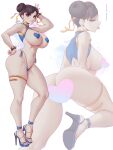  1girl absurdres artist_name ass bikini bracelet breasts brown_eyes brown_hair censored chun-li double_bun earrings hair_bun heart heart_censor heart_pasties high_heels highleg highleg_bikini highres jewelry large_breasts looking_at_viewer melowh micro_bikini navel pasties patreon_username short_hair simple_background solo spiked_bracelet spikes stomach street_fighter swimsuit thick_thighs thighs thong tongue tongue_out white_background 