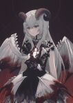 1girl alternate_costume bird blood blood_on_clothes bloody_wings chinese_commentary collared_dress commentary curled_horns demon_horns demon_wings dress grey_eyes grey_hair hair_between_eyes highres horns liv:_empyrea_(punishing:_gray_raven) liv_(punishing:_gray_raven) long_hair punishing:_gray_raven sidelocks sleeveless sleeveless_dress very_long_hair wings zhou_huan_(dgpe2833) 
