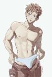  1boy abs bulge collarbone cowboy_shot facing_viewer highres itadori_yuuji jujutsu_kaisen looking_to_the_side male_focus male_underwear nipples open_mouth pants pink_hair qxq_illus scar scar_on_face short_hair solo topless_male undercut underwear white_background white_male_underwear 