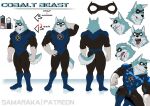  anthro bodily_fluids bulge canid canine canis claws clothing cobalt_(avalon) comic domestic_dog dorsal_view facial_expressions hero latex male mammal mask model_sheet muscular pose rubber rubber_clothing rubber_suit samaraka shiba_inu solo spitz sweat symbol teeth tongue ventral_view 