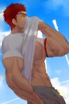  1boy abs bara blue_background clothes_pull cowboy_shot derek_kingsfield duo_xiao_lang grey_pants highres jock_studio_(blits_games) male_focus nipples pants pectorals red_hair shirt shirt_pull short_hair solo white_shirt 