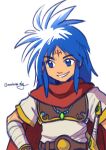  1boy armor belt blue_eyes blue_hair breastplate breath_of_fire breath_of_fire_i facial_mark jewelry mukubirdy necklace ryuu_(breath_of_fire_i) scarf signature smile solo sword weapon 