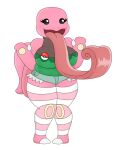  anthro big_breasts black_eyes bottomwear breasts clothing female generation_1_pokemon hi_res legwear lickitung long_tongue nintendo pink_body pokeball pokemon pokemon_(species) shirt shorts simple_background solo stockings tail tongue tongue_out topwear urusee584 white_background 