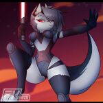  2023 anthro breasts canid canid_demon clothing demon digitigrade eyelashes female fkimnsfw fur gloves grey_body grey_fur hair handwear hellhound helluva_boss hi_res knee_pads leotard lightsaber loona_(helluva_boss) mammal melee_weapon navel_outline red_lightsaber red_sclera shoulder_tuft silver_hair sith solo star_wars toeless_legwear tuft weapon white_body white_fur 