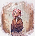  1girl border brown_background brown_eyes brown_jacket closed_mouth commentary_request jacket medium_hair milestone_celebration octoling octoling_girl pink_hair solo splatoon_(series) thank_you thenintlichen96 white_border 