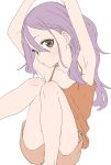  1girl absurdres arms_up brown_eyes cropped_arms cropped_legs double-parted_bangs hair_between_eyes highres long_hair looking_at_viewer orange_shorts orange_tank_top purple_hair shorts soredemo_ayumu_wa_yosetekuru tank_top wavy_hair white_background yamamoto_souichirou yaotome_urushi 