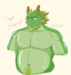 2023 anthro beard belly blonde_body_hair blonde_facial_hair body_hair colored colored_sketch countershade_arms countershade_torso countershading dragon eastern_dragon facial_hair glistening glistening_body glistening_skin green_body green_skin happy_trail hi_res looking_at_viewer male mane morenatsu musclegut muscular muscular_anthro muscular_male navel nude pecs sketch snaggle_tooth solo tappei_(morenatsu) text yomosuke 