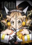  1girl anniversary armored_gloves artist_request bare_shoulders black_background black_border border breasts brown_hair english_text eyelashes gloves hair_ornament hairband hairclip happy headphones highres jumpsuit light_brown_hair looking_at_viewer medium_breasts orange_jumpsuit senki_zesshou_symphogear short_hair smile solo source_request split_screen tachibana_hibiki_(symphogear) white_hairband yellow_eyes 