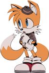  1boy animal_ears animal_nose blue_eyes body_fur brown_capelet brown_headwear capelet digimin fedora fox_boy fox_ears fox_tail full_body furry furry_male gloves hand_on_own_chin hand_up hat looking_to_the_side male_child male_focus mini_hat multiple_tails non-web_source official_art open_mouth plaid_capelet red_footwear shoes simple_background socks solo standing stroking_own_chin tail tails_(sonic) the_murder_of_sonic_the_hedgehog thinking transparent_background two-tone_fur two_tails white_fur white_gloves white_socks yellow_fur 
