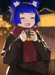  1girl absurdres animal_ears blue_hair blunt_bangs blurry blush bokeh brown_coat closed_eyes coat cup depth_of_field fang gris_(vertigris) highres holding holding_cup long_sleeves open_mouth original scarf short_hair smile solo table upper_body vertigris 