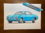  art_tools_in_frame blue_car car chevrolet chevrolet_corvair dorirazi180 highres marker_(medium) motor_vehicle no_humans original photo_(medium) radio_antenna shadow traditional_media vehicle_focus white_background 