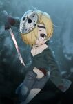  1girl black_shirt blonde_hair blood blood_on_clothes blood_on_face blood_on_weapon blood_stain cosplay foot_out_of_frame foot_up friday_the_13th gengorou hair_over_one_eye hockey_mask holding holding_weapon idolmaster idolmaster_cinderella_girls jason_voorhees jason_voorhees_(cosplay) leather leather_pants looking_at_viewer machete mask mask_on_head navel pants parted_lips pink_eyes shirasaka_koume shirt short_hair sleeves_past_fingers sleeves_past_wrists solo torn_clothes torn_pants weapon 