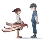  2boys arms_behind_back barefoot black_hair child claws dragon_boy dragon_horns dragon_wings full_body horns looking_at_another male_child male_focus mullmull02 multiple_boys original pointy_ears red_hair scales simple_background white_background wings 