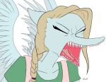  clothed clothing colored elijah_d73877 eyes_closed feathered_wings feathers female hair hi_res pterodactylus pterosaur reptile samantha_(snoot_game) scalie simple_background snoot_game solo wings 