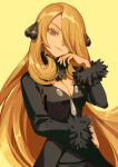  1girl blonde_hair breasts cleavage closed_mouth coat cynthia_(pokemon) elemoncake fur-trimmed_coat fur_collar fur_trim grey_eyes hair_ornament hair_over_one_eye head_tilt highres long_hair looking_at_viewer pokemon pokemon_(game) pokemon_dppt simple_background smile solo very_long_hair yellow_background 