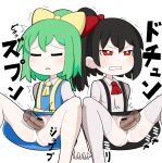  2boys 2girls ascot bar_censor black_hair black_skirt blue_skirt blue_vest blush bow bright_pupils censored clenched_teeth closed_eyes clothing_aside collared_shirt commentary cookie_(touhou) daiyousei diyusi_(cookie) feet_out_of_frame flat_chest green_hair hair_bow hetero high-visibility_vest holding_hands hospital_king long_sleeves medium_bangs medium_hair multiple_boys multiple_girls open_mouth panties panties_aside penis ponytail pussy red_ascot red_bow red_eyes sex shirt short_sleeves simple_background sitting siyudi_(cookie) skirt spread_legs suspender_skirt suspenders teeth thighhighs touhou triangle_mouth underwear v-shaped_eyebrows vaginal vest white_background white_panties white_pupils white_shirt white_thighhighs yellow_ascot yellow_bow 