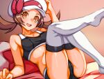  1girl :d arm_up black_panties black_sports_bra bow breasts brown_hair cameltoe commentary_request covered_nipples eyelashes happy hat hat_bow indoors knees_together_feet_apart long_hair lying lyra_(pokemon) mimizunooka navel on_back open_mouth orange_eyes panties pillow pink_bow pokemon pokemon_(game) pokemon_hgss shiny_skin smile solo sports_bra thighhighs thighs tongue twintails underwear white_headwear white_thighhighs 