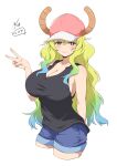  1girl absurdres arm_behind_back baseball_cap black_tank_top blonde_hair blue_hair blue_shorts blush breasts cleavage closed_mouth commentary_request cropped_legs denim denim_shorts dragon_girl dragon_horns gradient_hair green_eyes green_hair hand_up hat heterochromia highres horns horns_through_headwear huge_breasts kobayashi-san_chi_no_maidragon long_hair lucoa_(maidragon) multicolored_hair nijizuki_shino pink_headwear purple_eyes shorts simple_background smile solo tank_top v white_background yellow_pupils 