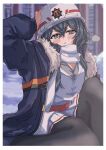  1girl :i =3 absurdres annoyed belt black_hair black_pantyhose blue_archive blue_jacket blurry blurry_background blush breasts building cardigan cleavage commentary_request day enpera feet_out_of_frame fur-trimmed_jacket fur_trim grey_eyes grey_shirt hand_on_headwear hardhat helmet highres jacket knee_up kuzuuo long_sleeves looking_at_viewer minori_(blue_archive) on_ground open_clothes open_jacket outdoors pantyhose partially_unbuttoned pleated_skirt pout puffy_long_sleeves puffy_sleeves red_belt scarf shirt sidelocks sitting skirt snow solo v-shaped_eyebrows white_cardigan white_scarf white_skirt 