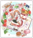  1girl :&lt; :d :o apron aqua_background aqua_eyes back_bow black_bow blush blush_stickers book border bow brown_footwear brown_hair bubble bug butterfly buttons cake closed_eyes commentary_request cookbook cookie cupcake dress eating eyelashes floral_print flower flower_(symbol) food frills fruit green_apron hacosumi hair_bow hair_flower hair_ornament hand_up head_scarf highres holding holding_spoon jam jar kitchen leaf long_hair long_sleeves looking_at_viewer low_twintails mary_janes open_book original parted_lips pie plaid plaid_dress plant purple_bow rabbit red_dress shoes sidelocks simple_background smile socks solo spoon strawberry strawberry_blossoms swiss_roll thumbprint_cookie tied_ears twintails waist_apron white_apron white_background white_border white_bow white_flower white_headwear white_sleeves white_socks white_strawberry wooden_spoon 