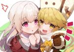  2girls :o ^^^ blonde_hair blush brown_coat brown_gloves cheek-to-cheek clara_(honkai:_star_rail) clenched_hands coat commentary detached_collar fur-trimmed_coat fur_trim gloves green_background heads_together honkai:_star_rail honkai_(series) hook_(honkai:_star_rail) long_hair long_sleeves multiple_girls omuretsu open_mouth parted_lips pink_eyes red_coat sidelocks simple_background smile two-tone_background upper_body white_background white_coat white_hair white_headwear yellow_eyes 