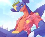  beach_style_garchomp black_sclera blue_body bottomless bottomless_male clothed clothing cloud d.summer day dorsal_fin dragon fin hi_res holowear_(pokemon) light light_beam male male_(lore) nintendo open_clothing open_mouth open_shirt open_topwear orange_clothing orange_shirt orange_topwear pokemon pokemon_unite scalie semi-anthro sharp_teeth shirt sky snorkel solo spikes spikes_(anatomy) sunbeam sunlight teeth topwear water_droplets wet wet_clothing wing_claws yellow_eyes 