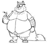  2023 anthro belly big_belly bottomwear bravo bulge canid canine clothing eyewear facial_hair footwear fox glasses hi_res male mammal mature_male mustache overweight overweight_male sandals shirt shorts sketch solo topwear 