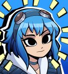  1girl black_eyes blue_background blue_choker blue_hair blue_jacket choker commentary emphasis_lines english_commentary goggles goggles_on_head gradient_background highres jacket kermittend medium_hair outline portrait ramona_flowers scott_pilgrim_(series) solo white_hood 