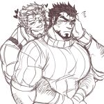  2boys arm_hair bara beard blush collared_shirt couple embarrassed facial_hair fire_emblem flying_sweatdrops garcia_(fire_emblem) gilliam_(fire_emblem) goatee greyscale grin hair_slicked_back hand_on_own_face heart highres hug hug_from_behind juggermelon large_pectorals long_sideburns male_focus mature_male monochrome multiple_boys muscular muscular_male pectorals shirt short_hair sideburns sketch sleeves_pushed_up smile striped striped_sweater sweater thick_eyebrows tight tight_shirt upper_body 