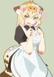  1girl alternate_costume animal_ears apron black_dress blonde_hair blush brown_hair center_frills cowboy_shot dress embarrassed enmaided fang frills heart heart_hands highres jaguar_(kemono_friends) jaguar_ears jaguar_girl jaguar_print jaguar_tail kamisamanosaba kemono_friends looking_at_viewer maid maid_apron maid_headdress multicolored_hair open_mouth puffy_short_sleeves puffy_sleeves short_hair short_sleeves solo tail white_apron yellow_eyes 