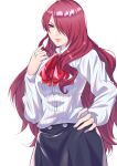  1girl absurdres beardedpotatosu black_skirt gekkoukan_high_school_uniform hair_over_one_eye hair_twirling hand_on_own_hip highres kirijou_mitsuru lips long_hair neck_ribbon persona persona_3 red_eyes red_ribbon ribbed_shirt ribbon school_uniform shirt skirt solo white_background 