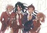  1girl 3boys ahoge black_hair black_jacket black_necktie black_pants brown_hair brown_pants collared_shirt cowboy_shot danganronpa_(series) danganronpa_3_(anime) goku_suzume green_vest grey_hair hand_in_pocket hand_up hinata_hajime hope&#039;s_peak_academy_school_uniform jacket kamukura_izuru komaeda_nagito long_hair long_sleeves medium_hair messy_hair multiple_boys nanami_chiaki necktie pants red_necktie red_vest school_uniform shirt shirt_tucked_in short_hair smile translation_request vest white_shirt 