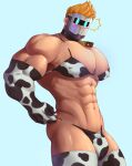  1boy abs alternate_pectoral_size animal_ears animal_print artificial_eye bara bell biceps bikini_briefs black_thighhighs blonde_hair blush bulge covered_nipples cow_boy cow_ears cow_horns cow_print cow_tail cowbell elbow_gloves feet_out_of_frame gloves highres horns huge_pectorals indie_virtual_youtuber looking_at_viewer male_focus male_underwear mask masked_himbo_(silvyspark) mechanical_eye muscular muscular_male navel nipples notice_lines pectoral_cleavage pectorals print_male_underwear rekkinj second-party_source short_hair shy solid_oval_eyes solo standing stomach surprised tail thick_thighs thighhighs thighs underwear v-taper 