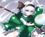  1girl battoujutsu_stance black_bow black_bowtie black_hairband black_ribbon blue_eyes bob_cut bow bow_hairband bowtie collared_shirt fighting_stance frilled_skirt frills green_skirt green_vest gvxvg00 hair_ribbon hairband highres hitodama_print katana konpaku_youmu konpaku_youmu_(ghost) puffy_short_sleeves puffy_sleeves ready_to_draw ribbon sheath shirt short_hair short_sleeves skirt solo sword touhou vest weapon white_hair white_shirt 