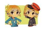  1boy alternate_costume belt blonde_hair blue_eyes blue_shirt commentary hat hat_removed headwear_removed highres link looking_at_viewer multiple_persona princess_zelda red_hair shirt short_hair smile the_legend_of_zelda the_legend_of_zelda:_spirit_tracks the_legend_of_zelda:_the_wind_waker tokuura toon_link upper_body 
